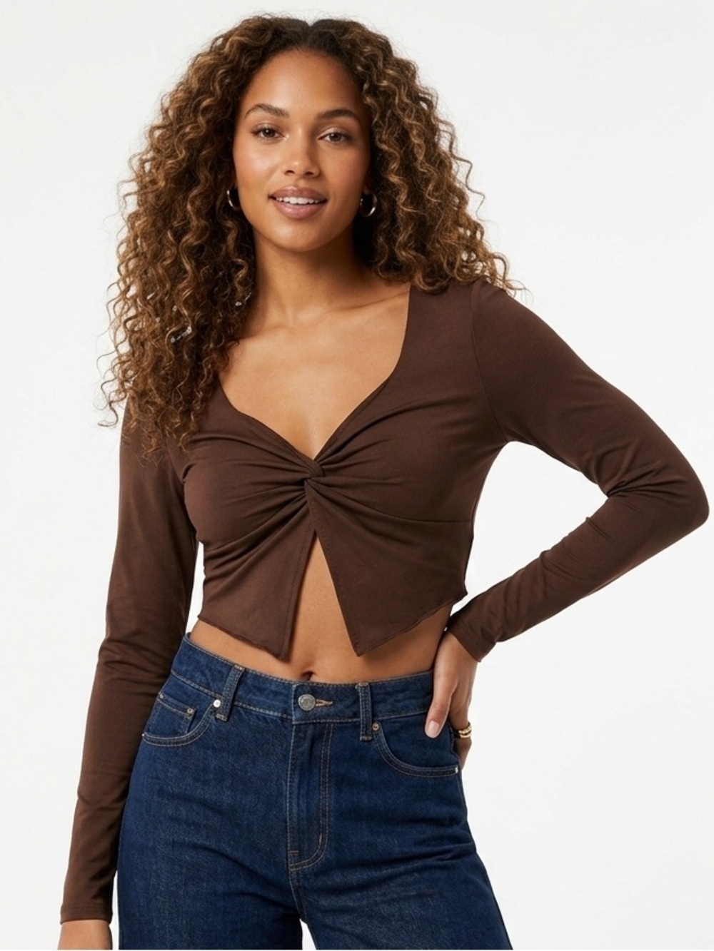 ⚡️2 for $38 Brown Twist-Front Long Sleeve Crop Top